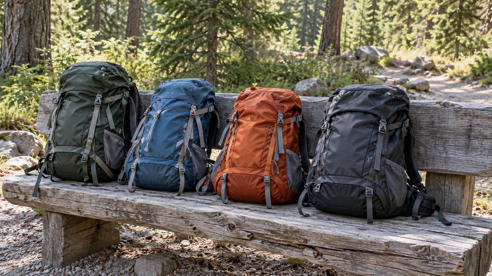 Hiking daypacks lined up on a bench at a trailhead (illustrative)